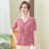 Blusa de verano nueva, fresca, transpirable, de punto jacquard, suave y cómoda, con cuello en V, de manga corta para madres de mediana edad y mayores.