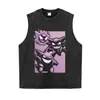 Estampado de anime, camiseta lavada y desgastada, talla grande, estilo vintage, hombros caídos, corte holgado, moderna y genial, unisex, casual de manga corta