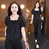 Conjunto Casual Cuadrado de Moda Famoso en Internet para Mujer, Nuevo de Moda Verano 2026 Top Adelgazante y Pantalones Largos Holgados Conjunto de Dos Piezas