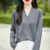 Cárdigan fino de lana para mujer de principios de otoño, cuello en V, protector de cuello, suéter de punto de manga larga, corte holgado, color liso, top exterior versátil