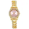 Novo Relógio Pulseira Cubana Full Diamond Cruzada Relógio de Pulso de Quartzo com Numerais Romanos Inlaid de Strass Luxo Leve para Mulheres Liga Metálica Atacado