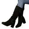 Botas Europeas y Americanas de Otoño e Invierno, Estilo Nuevo, Botines por Debajo de la Rodilla, Tacones Altos de Gamuza, Talla de Exportación 43, Hebilla de Cinturón, Botines de Tacón Grueso a Mitad de Pantorrilla