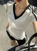5219 # Camiseta de Manga Corta con Bloques de Color y Cuello en V Estilo Dulce Nuevo de Verano con Corte Ajustado y Almohadillas Fijas en el Pecho