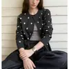 Cárdigan de punto vintage estilo francés con lunares grises oscuros y manga larga para mujer, nuevo suéter chaqueta top de cuello redondo para otoño y primavera