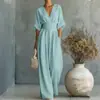 Mono cruzado de mujer europeo y americano 2026, nuevo mono de mujer elegante de verano con fruncido en la cintura y escote en V, elegante, en blanco