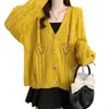 Cárdigan de Punto Hueco Casual de Color Sólido Estilo Perezoso, Nueva Versión Coreana de Primavera Cuello en V Adelgazante Holgado Chaqueta Superior para Mujer