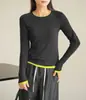 Camiseta de Mousse de Bambú para Mujer, Falsa de Dos Piezas, Bloques de Color, Manga Larga, Cuello Redondo, Camiseta Básica Superior, Ropa Nueva para Mujer Primavera y Otoño