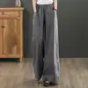 Pantalones Largos de Verano Holgados Pierna Ancha de Lino Algodón Retro Talla Grande para Mujer Pantalones Casuales Monje de Lino Algodón Elástico Artístico de Color Sólido