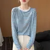 Suéter de punto con bloques de color a rayas y cuello redondo para mujer, holgado casual de manga larga, prenda exterior fina para primavera-verano 2026, top de mujer moderno