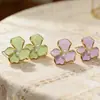 Pendientes de Flor de Pétalos Estilo Dulce de Primavera, Perlas Rosa-Verdes, Pendientes de Flor Incrustados con Diamantes, Estilo Suave, Accesorios Versátiles para Chicas de Uso Diario