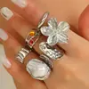 Joias Cruzadas Europeias e Americanas Populares Personalizadas Flor de Metal Anel Aberto Irregular Conjunto de Anéis Acessórios Femininos Joias para Mãos