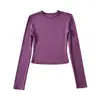 Ombigo Pequeno Gola Fio Faixa de Buraco Manga Longa Slim Fit Curto Cintura Alta Cor Sólida Camisa Básica Feminina Camiseta Top