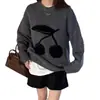 Estilo coreano outono e inverno Novo suéter jacquard fofo de cereja feminino estilo preguiçoso solto design de nicho suéter de gola redonda