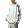 Camiseta de manga comprida listrada falsa de duas peças, preto e branco, para homens, gola redonda, para adolescentes e estudantes do ensino médio, solta, peso pesado, para usar por baixo, camada base