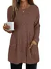 Novedades Otoño e Invierno 2026 Transfronterizas Europeas y Americanas Suéter de Punto de Longitud Media con Cuello Redondo, Textura de Canalé, Color Sólido y Bolsillos para Mujer