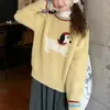 Suéter jacquard de estilo coreano, elegante, con bloques de color y estampado de cachorro de dibujos animados para mujer, holgado y casual, nueva colección de punto para otoño e invierno