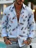 Camisa de manga larga para hombre estilo europeo y americano, nueva para 2026, con estampado floral retro y de plumas, camisa casual con solapa, artículo de venta caliente