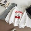 Sudadera Blanca de Cuello Redondo y Manga Larga con Estampado de Cerezas, Oversize, Otoño Europeo y Americano para Mujer, Casual, Sencilla, Holgada y Versátil