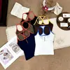 3640# Primavera Nuevo Color Block Camisola Acolchada Diseño de Botones Versátil Tirante Delgado Crop Top Mujer
