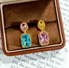 Pendientes Rectangulares Cortos Retro de Color Caramelo Dopamina con Turmalina Simulada para Mujer, Adecuados para Uso Diario y Regalos de Fiesta