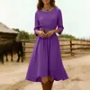 Nuevo vestido de algodón y lino de color liso, cuello redondo, manga larga, entallado a la cintura, estilo cruzado europeo y americano para mujer, longitud media, estilo casual de vacaciones, azul