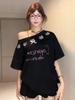 Playera Dulce y Picante para Chica, Linda, de Hombro Asimétrico, Manga Corta, Diseño de Verano, Top Negro Nicho Holgado con Hombro Descubierto, Estilo Ins