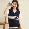 Estilo Novo Primavera e Verão 2026 Algodão Puro Gola V Sem Mangas Listrado Colete para Mulheres Simples Casual Roupa Externa Cor Contrastante Tricô Colete