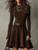 Vestido de Manga Longa com Gola Redonda Cor Sólida, Moda Transfronteiriça Europeia e Americana Outono 2025, Novo Temperamento Elegante