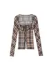 Elegante Camisa de Cuello Cuadrado con Top de Malla a Cuadros en Contraste para Mujer en Otoño Nueva Camiseta de Manga Larga con Pliegues Ajustada Protectora Solar para Mujer