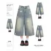 Shorts Jeans Wide-Leg com Estampa de Estrela Retro Americano para Mulheres, Verão Plus Size Cintura Alta Emagrecedor Calças Capri de Perna Reta