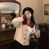 2024 outono e inverno nova gola de boneca contraste cor chique malha cardigan casaco feminino doce legal manga longa fino suéter feminino