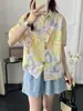 Camisa Gola Boneca para Mulheres Verão Estilo Coreano e Japonês Solta Estilo Harajuku Pintura a Óleo Graffiti Bolso Manga Curta Top Camisa