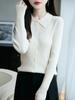 Cardigan de Punto con Cuello Polo de Lana Peinada 100% para Mujer, Manga Larga, Estilo Nuevo de Principios de Otoño, 25 Años, Color Puro, Top Adelgazante