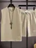 Conjunto de camisetas de punto gofre de manga corta y sin mangas para hombre, chaleco de verano, atuendo casual deportivo para estudiante, conjunto moderno para hombre