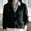 Cárdigan de punto de dos piezas falso para mujer, nuevo estilo primavera/otoño, cuello en V, punto trenzado, cuello de camisa a cuadros, top corto para mujer