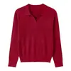 Suéter de tricô com lapela e decote V em mistura de seda e lã para mulheres, suéter pullover casual de outono com corte solto