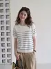 Suéter de punto elegante de estilo francés para mujer, con cuello redondo, rayas, manga corta, para verano, corte holgado, adelgazante, casual y elegante, adecuado para ir al trabajo, ligero