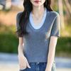 Look Emagrecedor Transfronteiriço Tricô Manga Três Quartos Base Primavera e Verão Novo Cor Contrastante Decote V Feminino Leve e Respirável Lã Fina t