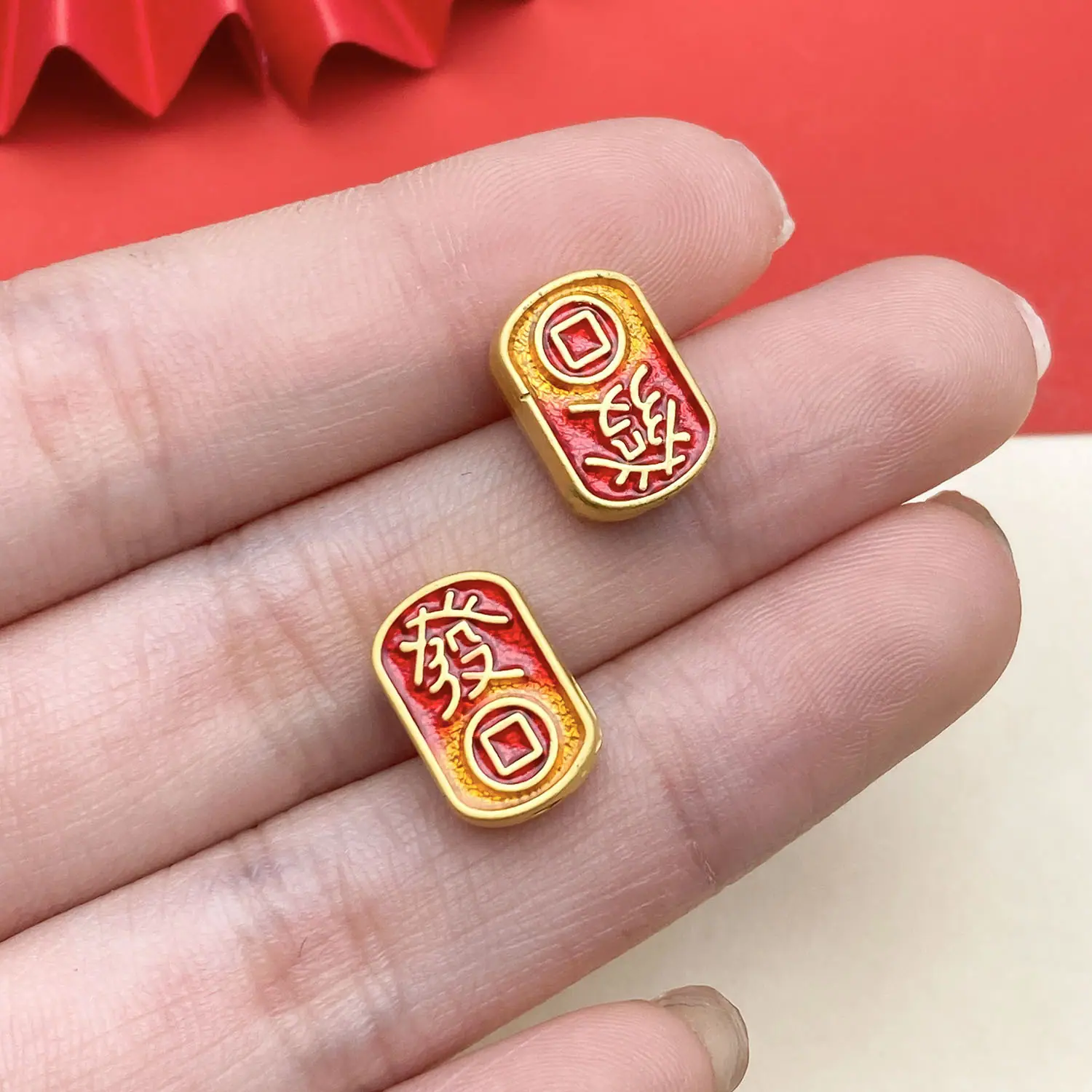 22481-ZH-黄红色滴油古法金哑金双面直孔发字钱币间隔珠