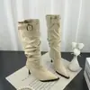 Botas de gamuza con volantes y punta fina para mujer, tacones de aguja, moda coreana otoño 2026, con hebilla de cinturón, botas largas de tacón alto