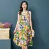 Vestido Colete de Algodão e Seda Plus Size Verão Novo Estilo Étnico Roupas Femininas Retrô Literário Estampado Sem Mangas Saia Longa