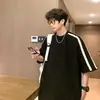 Camiseta Listrada Color Block Masculina de Verão Estilo Americano, Manga Curta, 200g Pesada, Estilo Hong Kong Solta Oversized Tendência