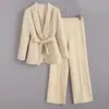 Conjunto de Blazer Vestido com Cinto Feminino Moda Nova Europeu e Americano Cruzado + Calça Casual Versátil Poliéster