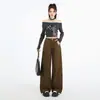 Jeans Lavados Desgastados Retro Americanos Marrones para Hombres y Mujeres Pantalones Holgados Rectos de Pierna Ancha Pantalones Marrones Algodón