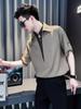 Camiseta de Manga Corta Falsa de Dos Piezas para Hombre 2025 Nuevo Verano Seda de Hielo Tendencia Camisa Polo con Cuello en V para Hombre Top de Manga Tres Cuartos para Hombre