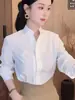 Elegante Camisa de Manga Larga para Mujer, Estilo Primavera y Otoño, Top Verde, Corte Holgado, Versátil, Adelgazante, Estilo para el Trabajo, Camisa con Cuello Alto, Verde Oscuro