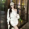 Top de dos piezas transfronterizo estilo americano holgado casual cuello oblicuo manga larga para mujer cordón cintura alta ajustado plisado tendencia