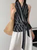 Top Listrado Elegante de Verão Laranja e Branco Novo Estilo Coreano com Decote V Sem Mangas para Mulheres, Top de Linho que Marca a Cintura 8321