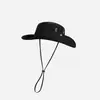 Chapéu de Verão Feminino com Cordão e Aba Larga, Chapéu de Proteção Solar, Chapéu de Pescador Masculino para Pesca ao Ar Livre, Chapéu de Cowboy Ocidental, Chapéu de Caminhada