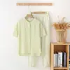 Pijama Simples Feminino de Barriga de Fora, Gaze 100% Algodão, Pijama Fino de Manga Curta para Primavera e Verão, Calça Longa Xadrez, Roupa de Casa que Pode Ser Usada Fora